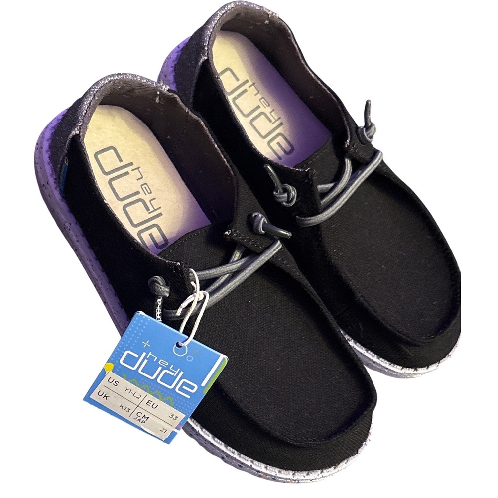 NEW Hey Dude Kids Wendy Youth‎ Disco Black Glitter Slip-On Shoes, Size US Y1–L2